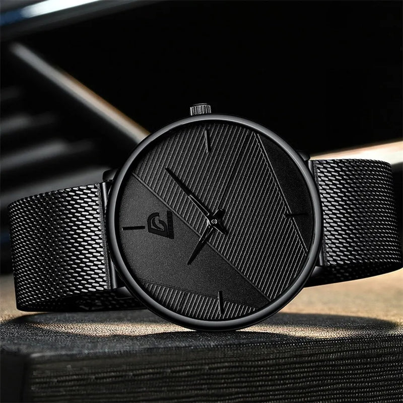 3PCS Set Minimalism Fashion Mens Watches Simple Men Business Mesh Belt Quartz Watch Male Casual Necklace Bracelet Wristwatch