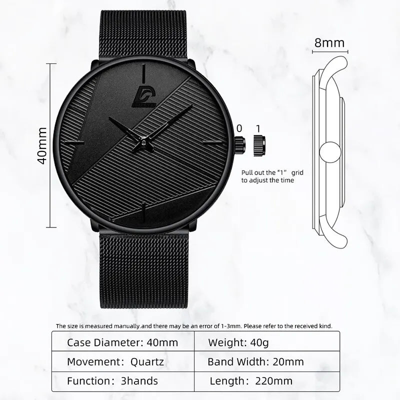 3PCS Set Minimalism Fashion Mens Watches Simple Men Business Mesh Belt Quartz Watch Male Casual Necklace Bracelet Wristwatch